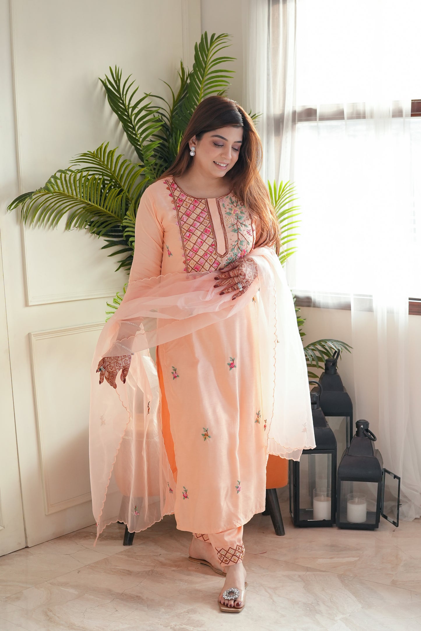 Neeya Peach Hand Embroidered Suit Set