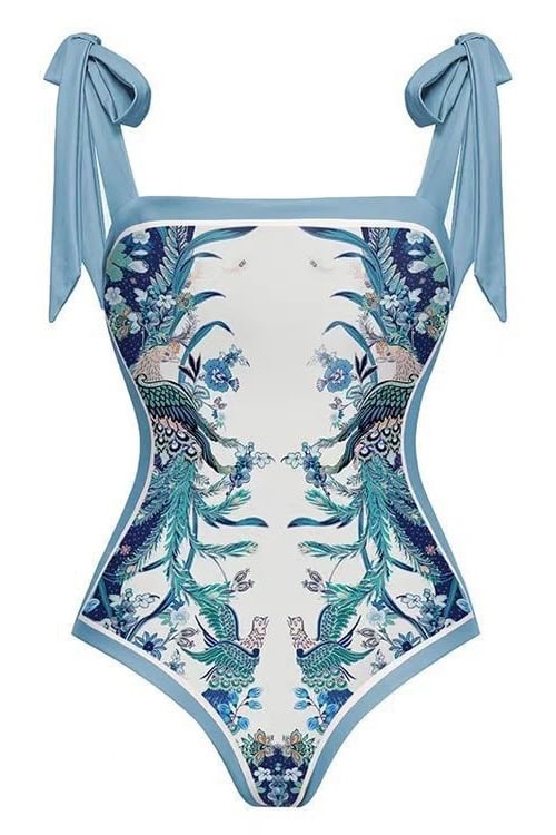 Blue Floral Print Swimsuit with Sarong