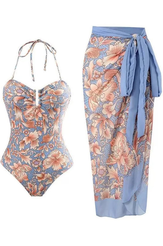 Blue Floral Printed Swimsuit with Sarong