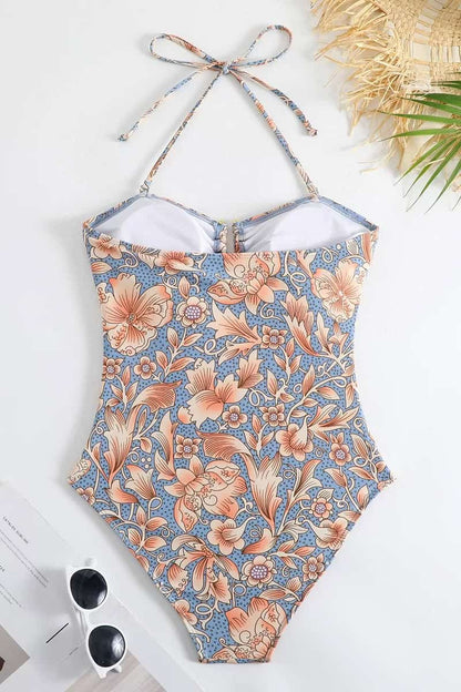 Blue Floral Printed Swimsuit with Sarong