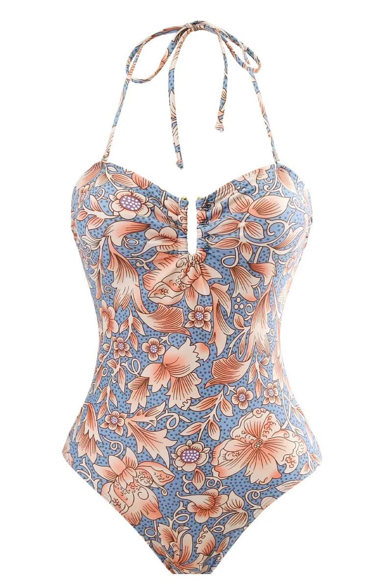 Blue Floral Printed Swimsuit with Sarong