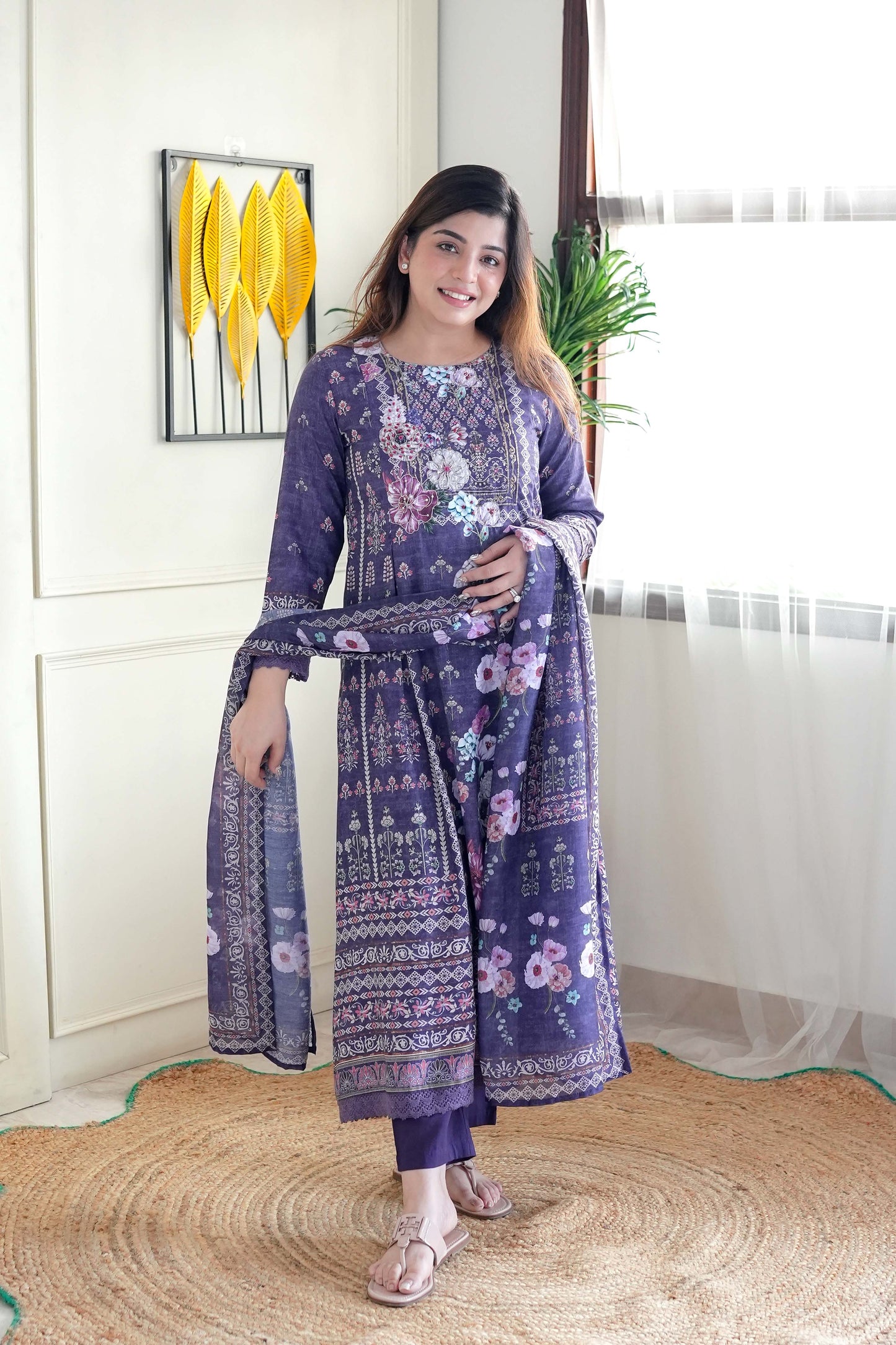 Ifat Purple Printed A-line Suit Set