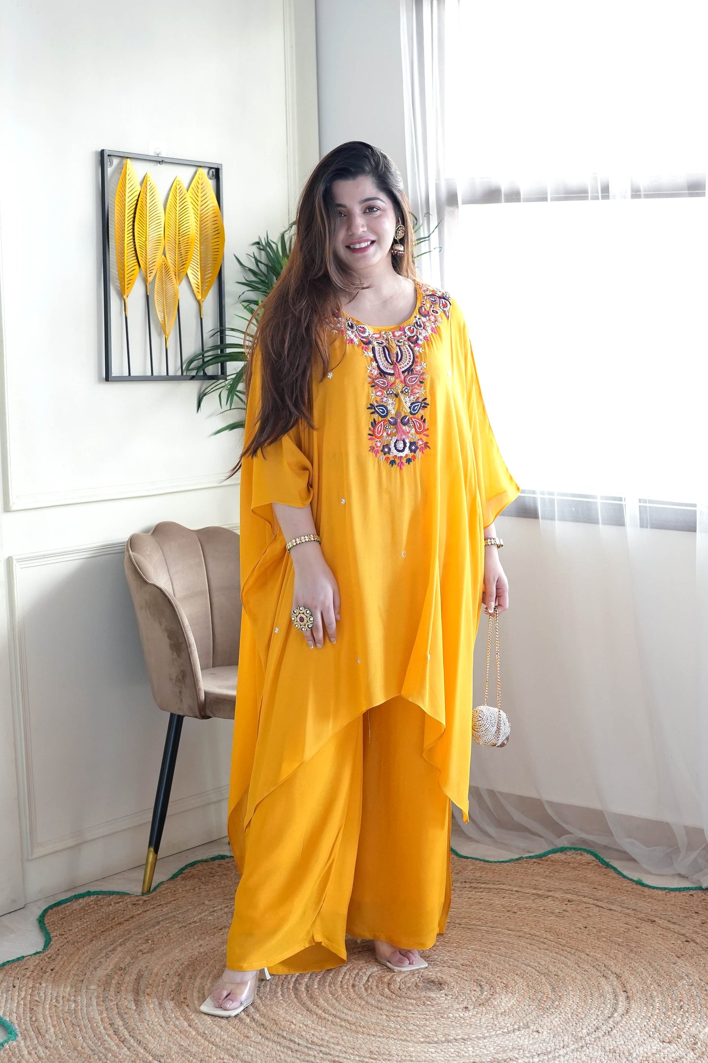 Yumna Yellow Embroidered Kaftan Set