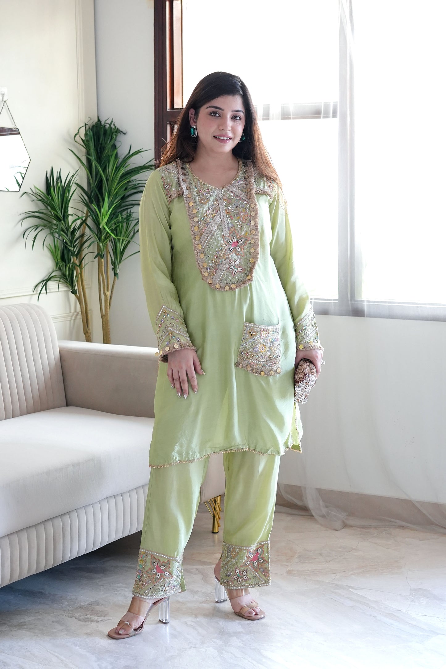 Rafia Green Embroidered Co ord Set