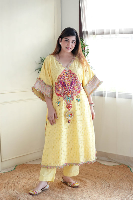 Serene Yellow Embroidered Chogha Set