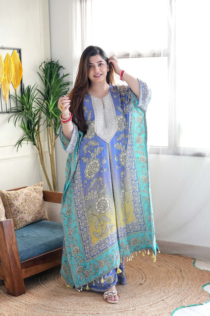 Sehrat Blue Ombre Printed Kaftan Set with Neck Embroidery