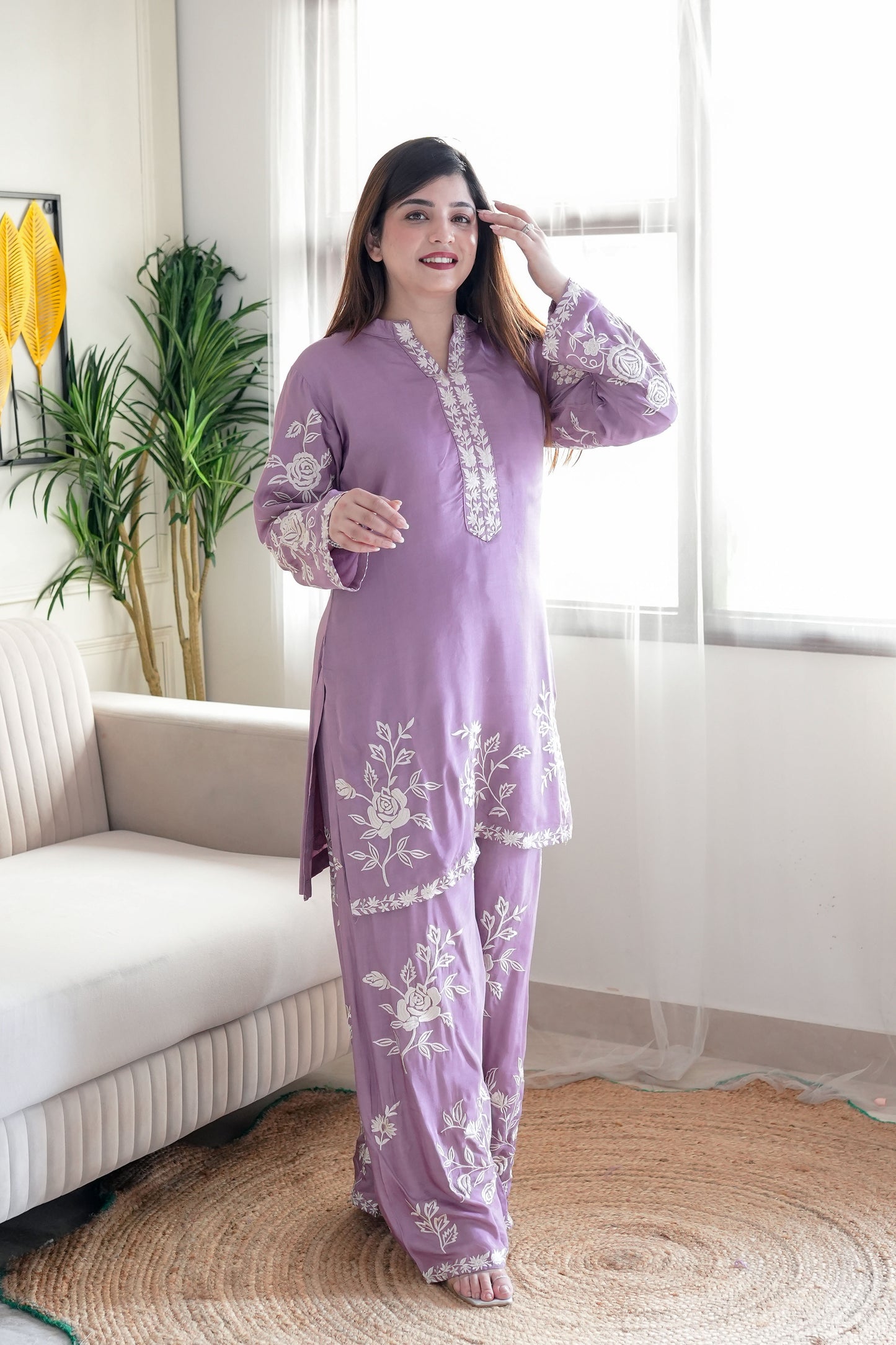 Simin Purple Thread Floral Embroidered Co ord Set