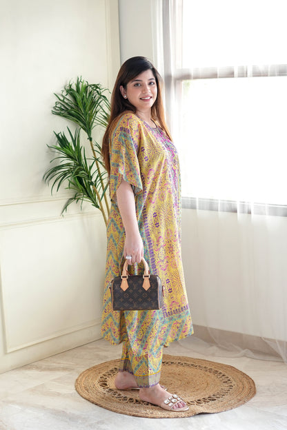 Rehem Printed Kaftan Set with Neck Embroidery