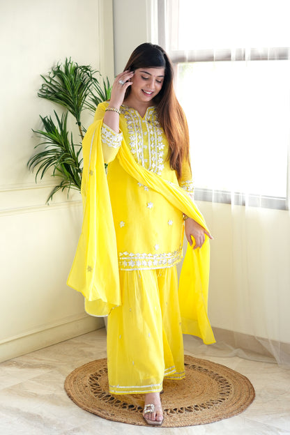 Safia Yellow Gotta Embroidered Sharara Set