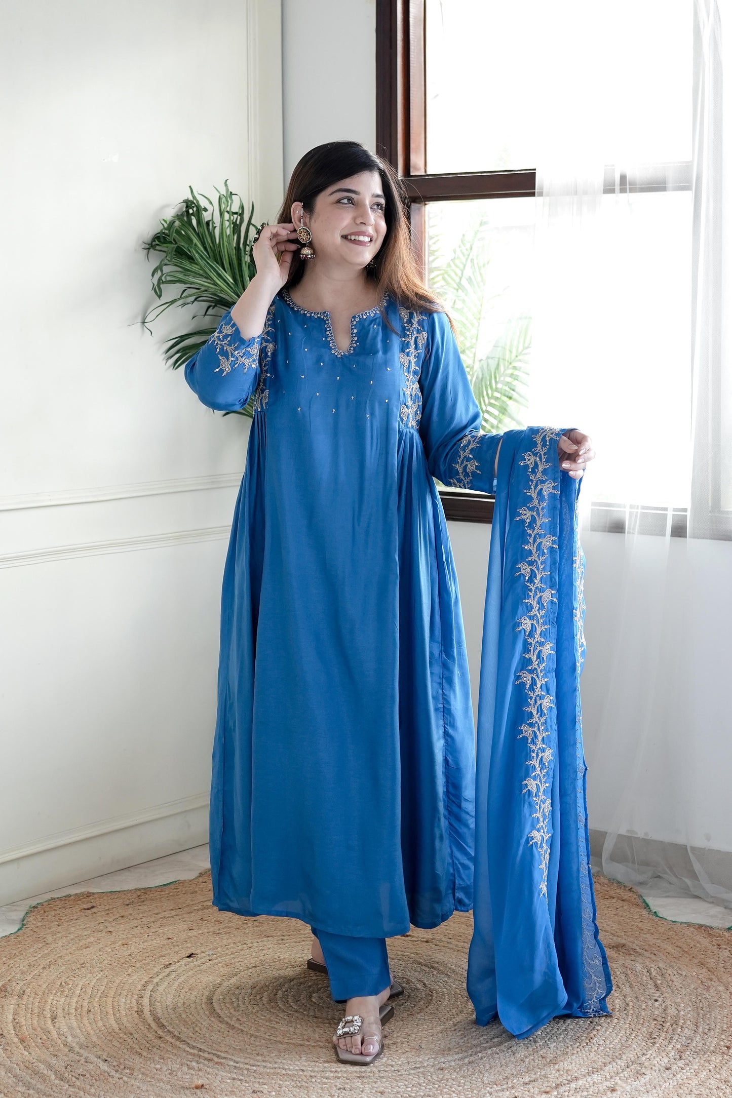 Simar Blue Embroidered Anarkali Suit Set