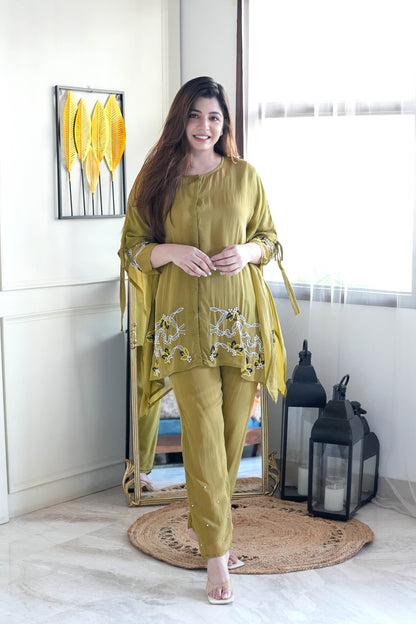 Farhana Green Embroidered Kaftan Co ord Set