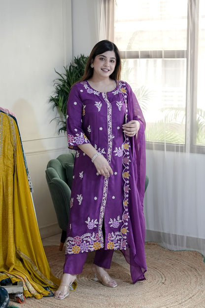 Mreeyal Purple Thread Embroidered A line Suit Set