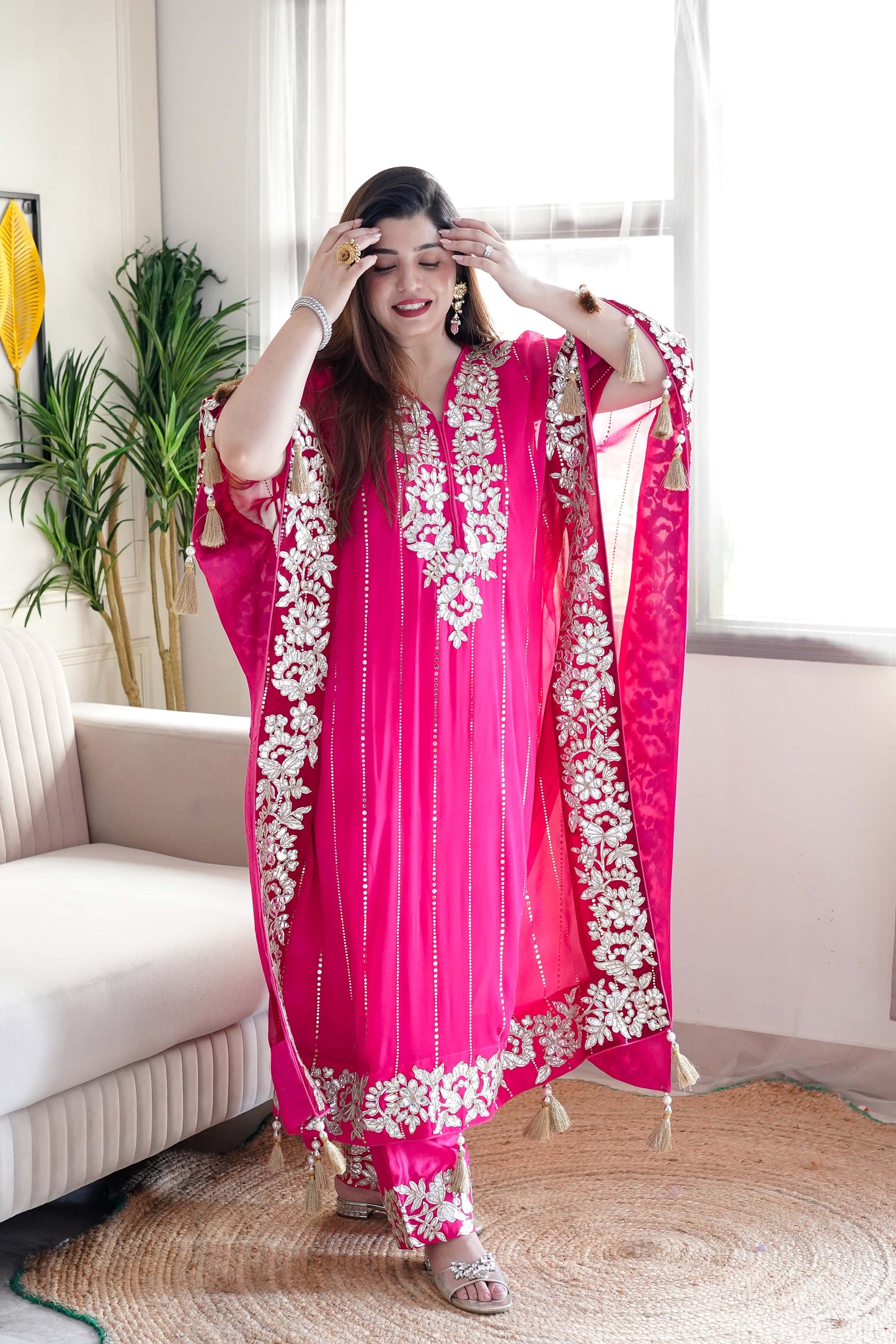 Nazma Pink Gota Detailing Kaftan Set