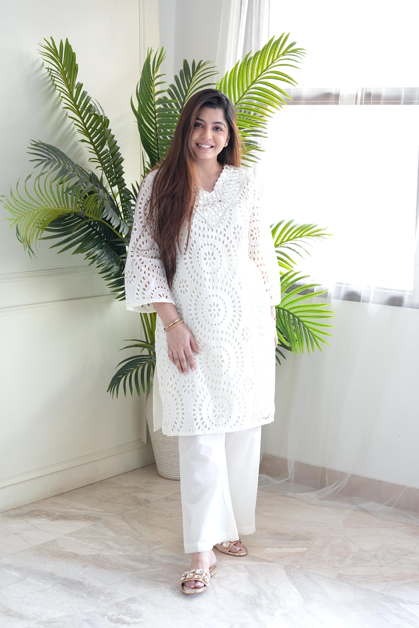 Gaura White Cutwork Plazo Set