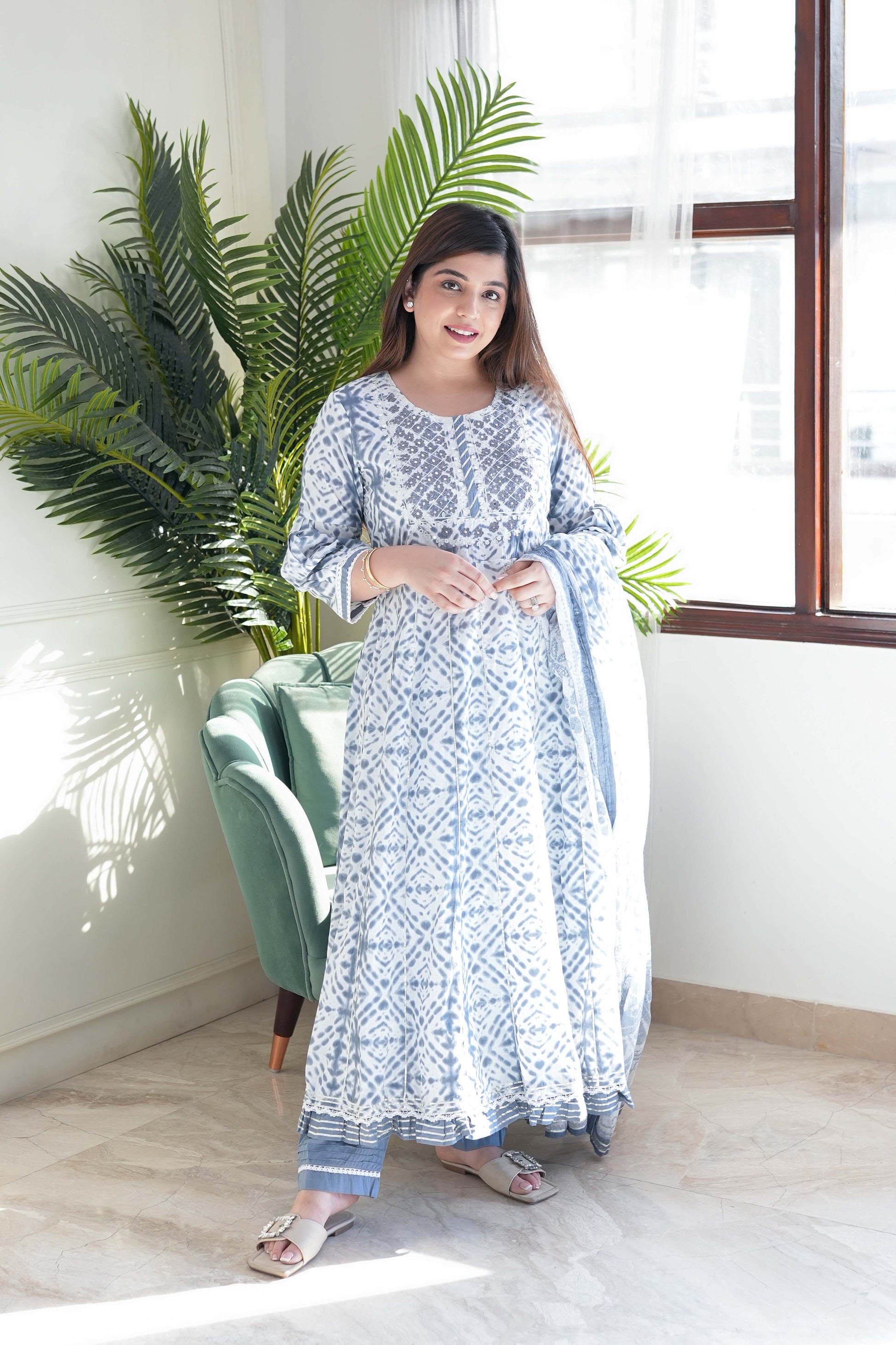 Sargun White Printed Anarkali Suit Set