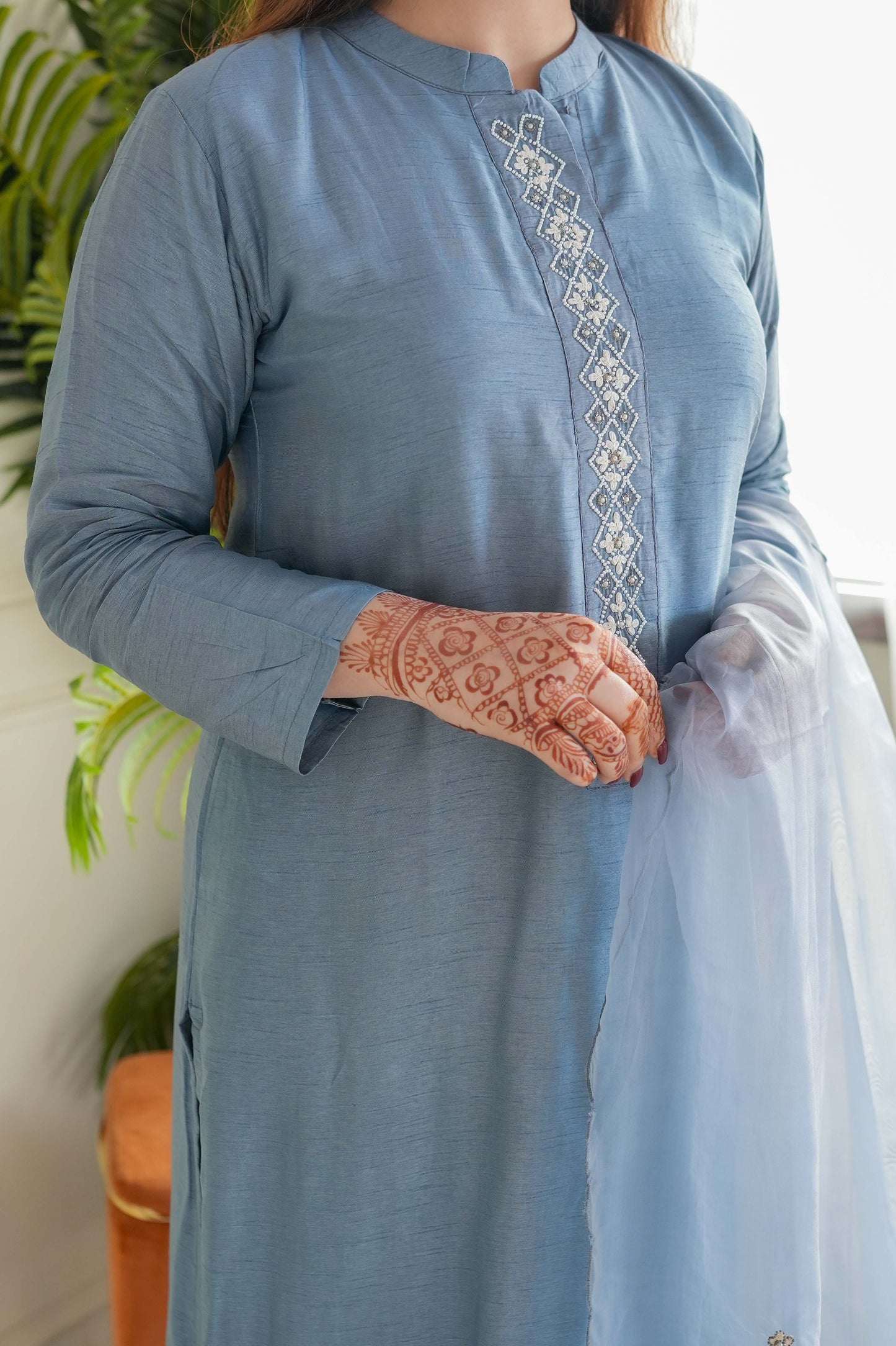 Sia Blue Silk Shirt And Dupatta