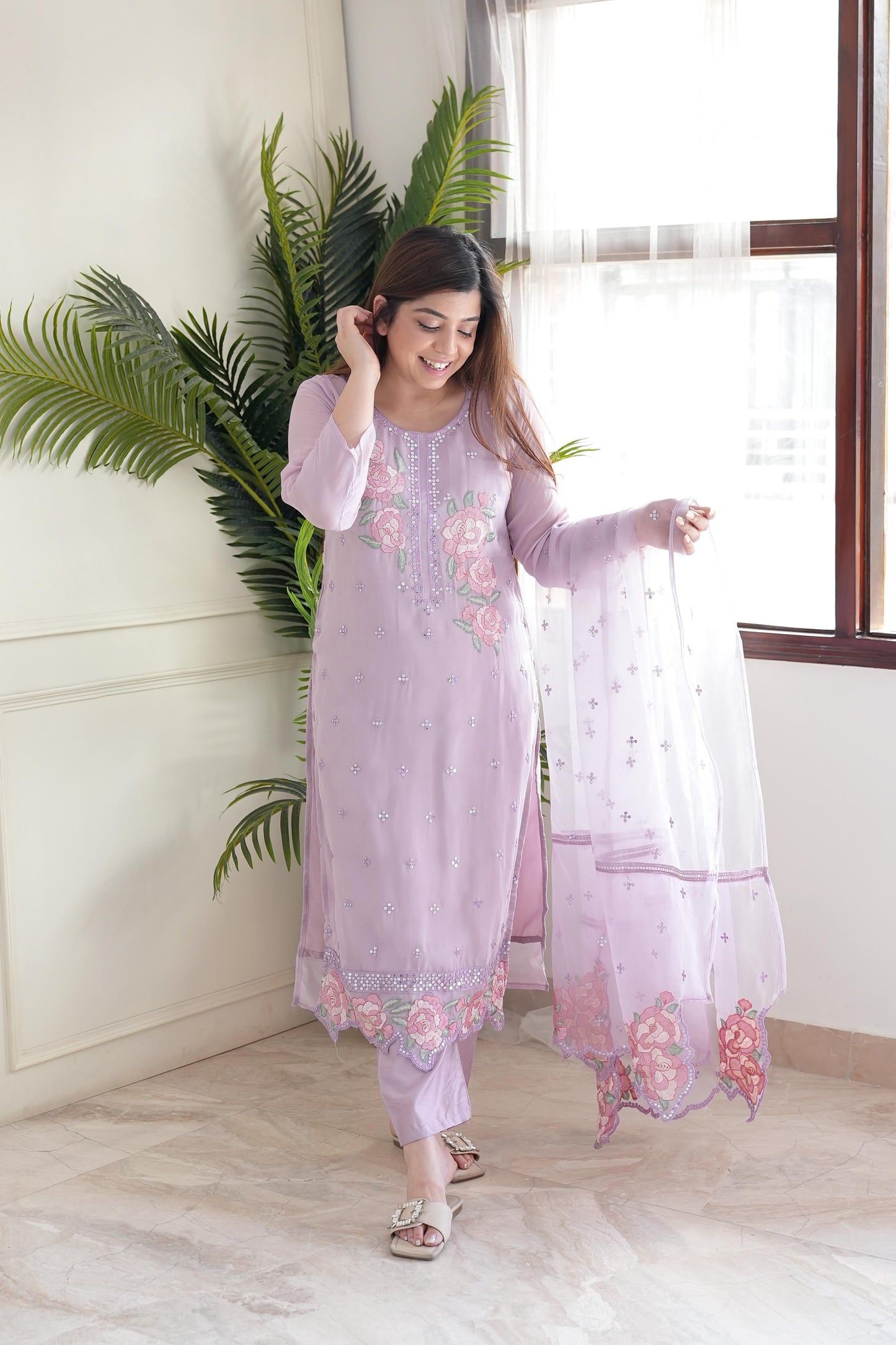 Marhum Lavender Embroidered Suit Set