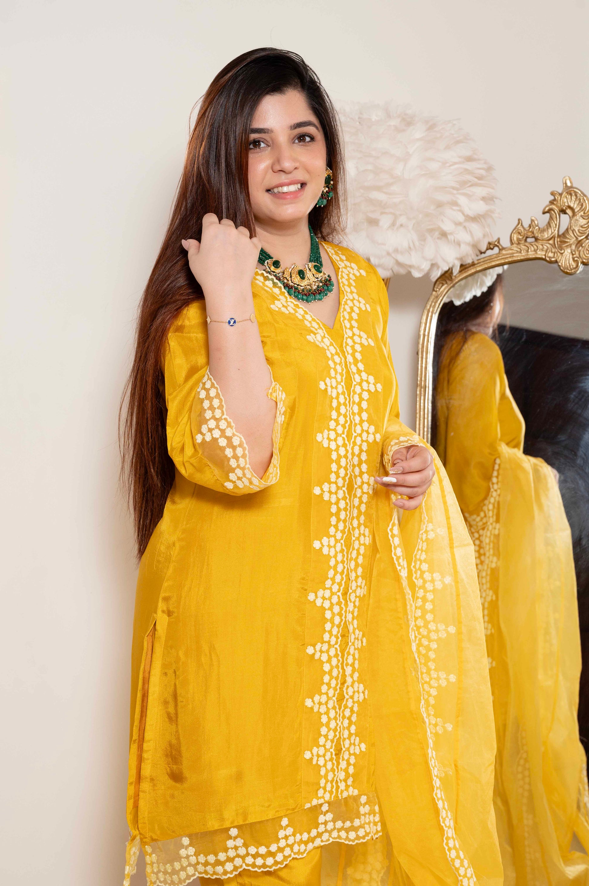 Sukh Yellow Silk Suit With Schiffli Detailing