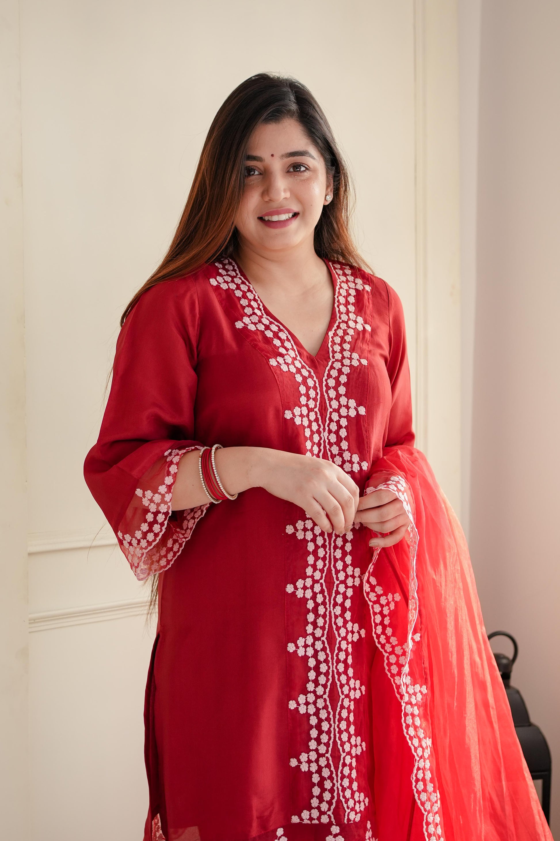 Sukh Red Schiffli Suit Set