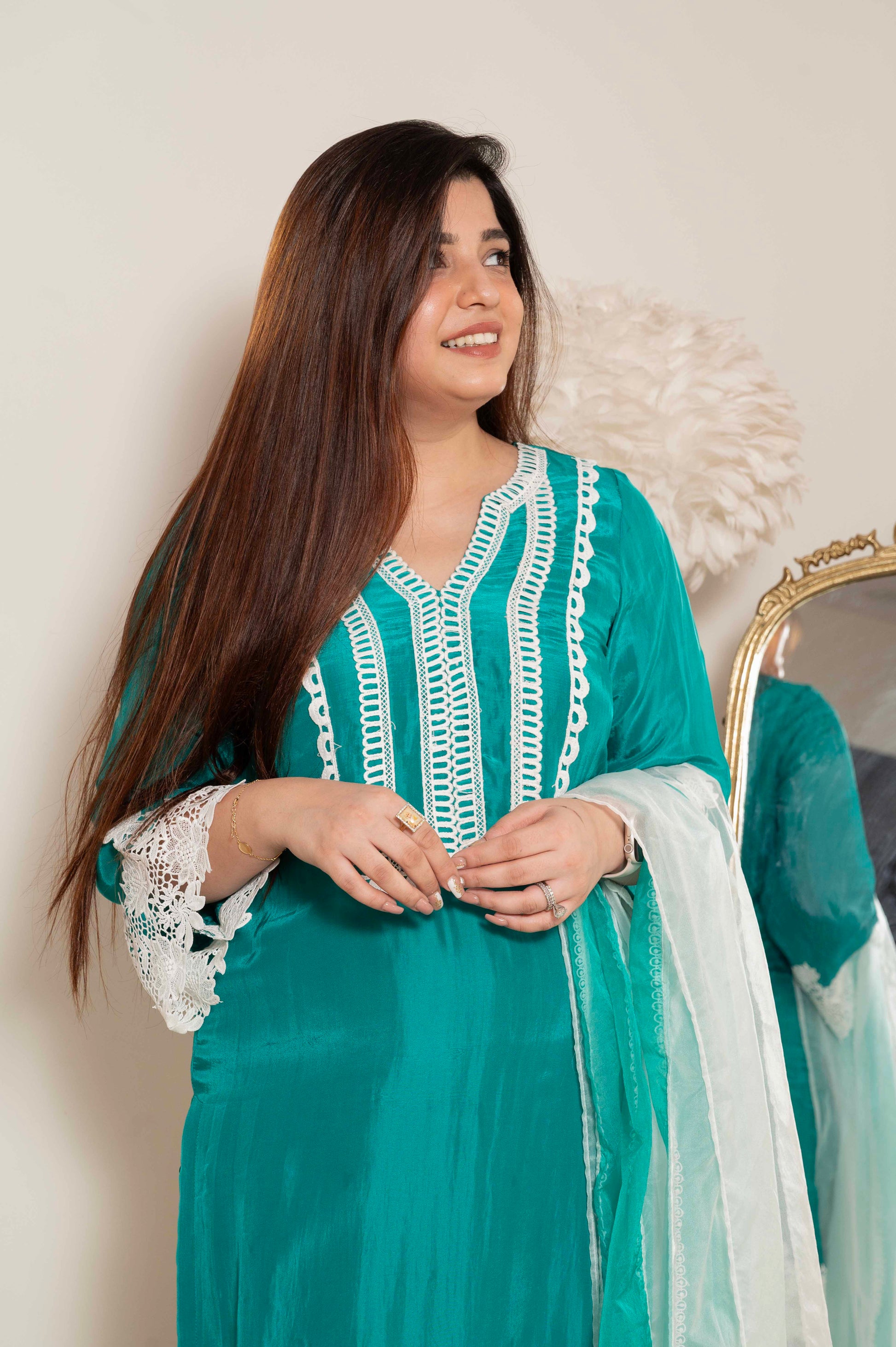 Tirana Green Suit Set With Cutwork Detailing