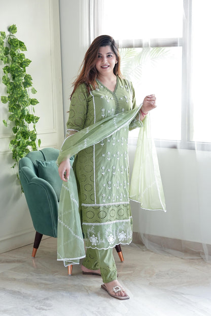 Meera Green Embroidery Cotton Suit Set