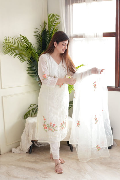 Zeenat White Embroidered Organza Suit Set