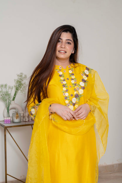 Nadira Yellow Embroidered Silk Suit Set