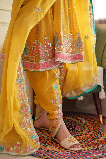 Kiara Yellow Mirror Work Short Anarkali With Dhoti