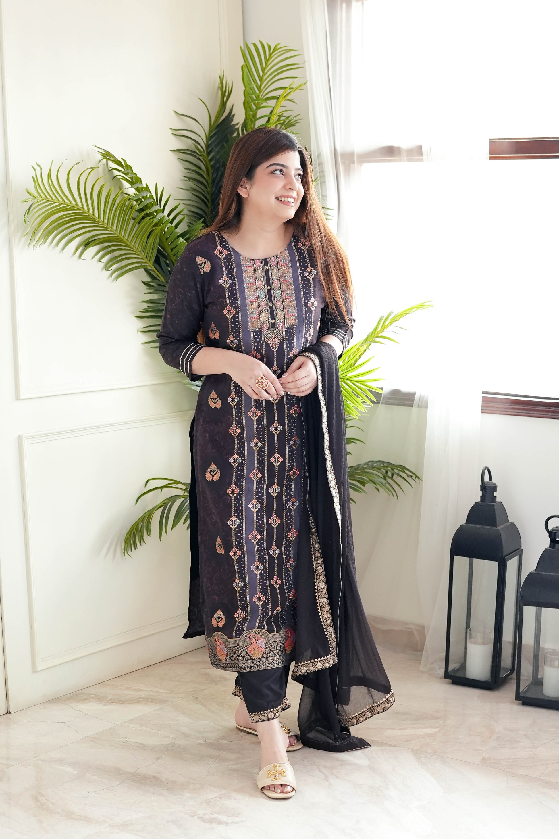 Beena Black Silk Suit Set