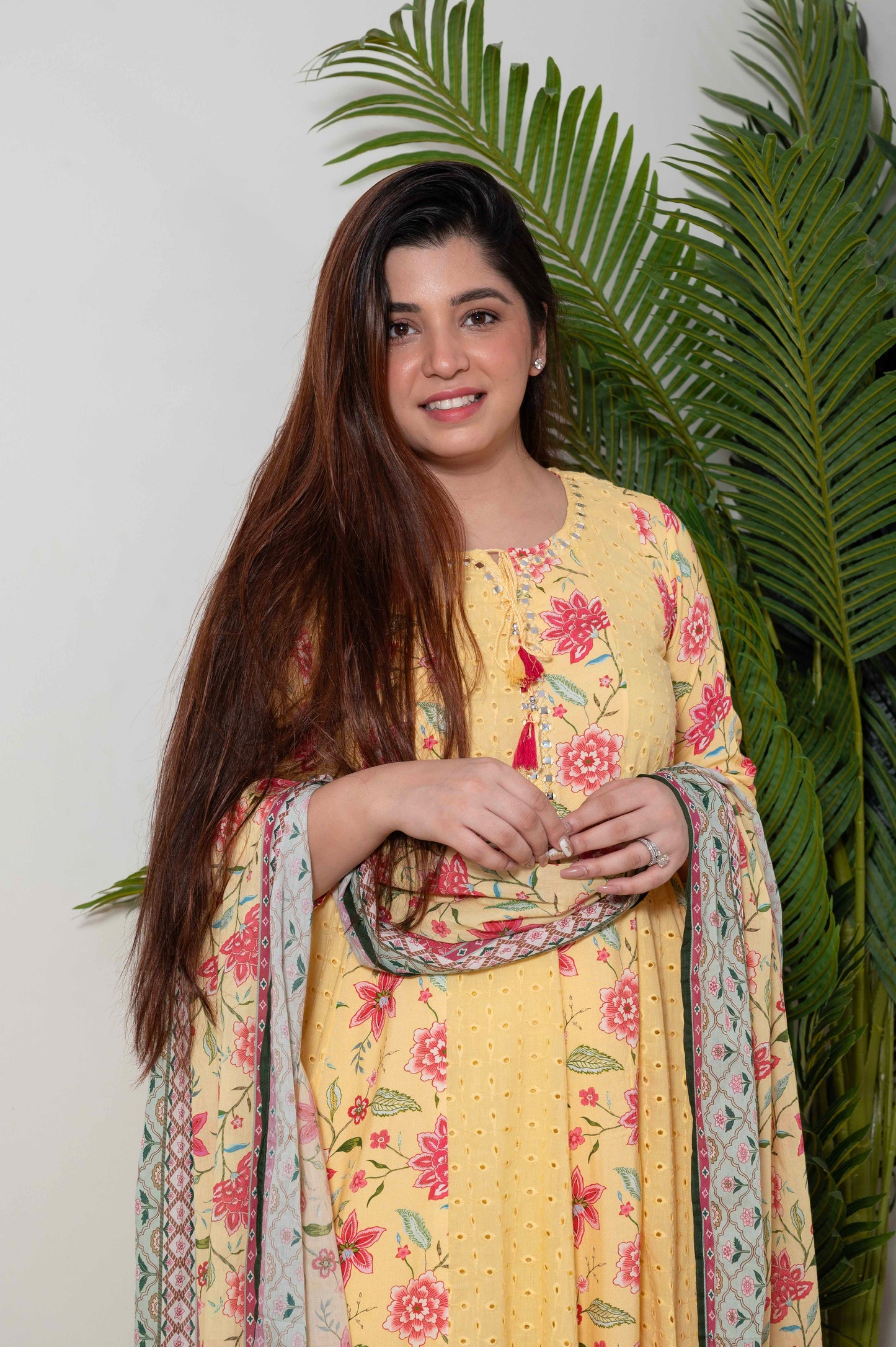 Tamra Yellow Schiffli And Print Detailing Anarkali