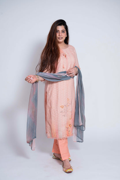 Isra Peach Schiffli Straight Suit Set