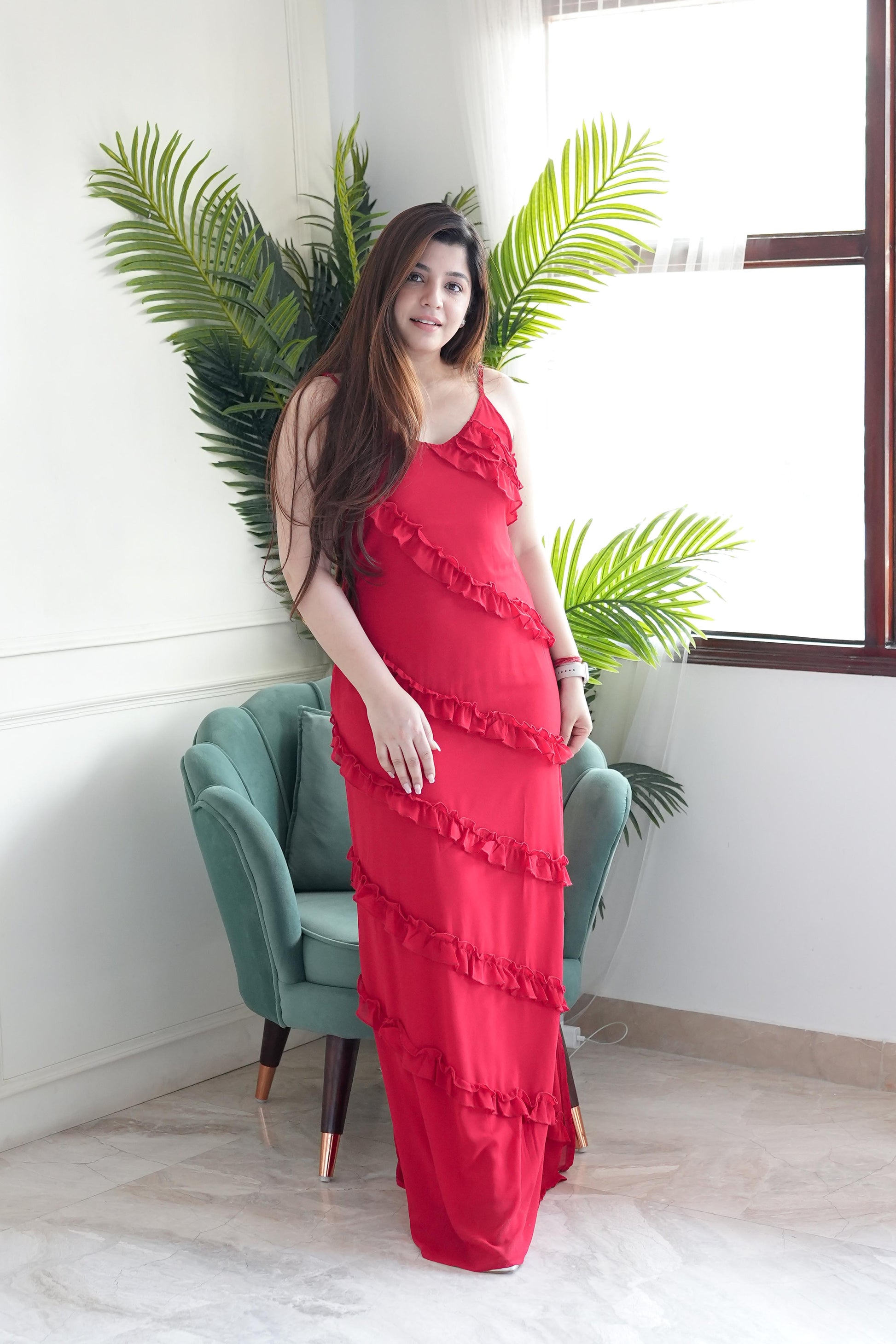 Luxe Red Long Maxi With Frills