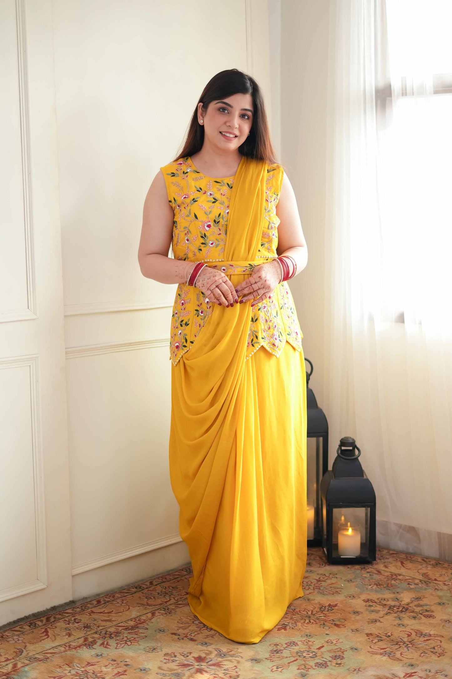 Mukti Yellow Embroidered Drape Saree