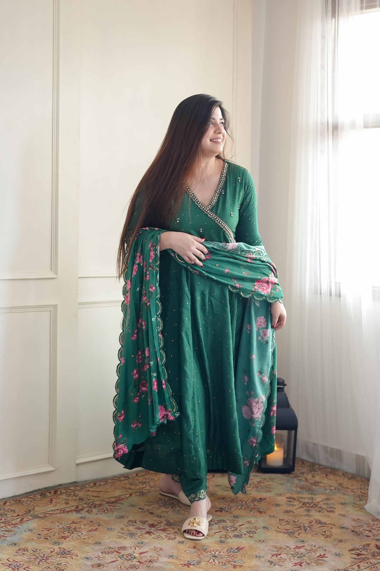Samaara Green Silk Anarakali With Printed Dupatta