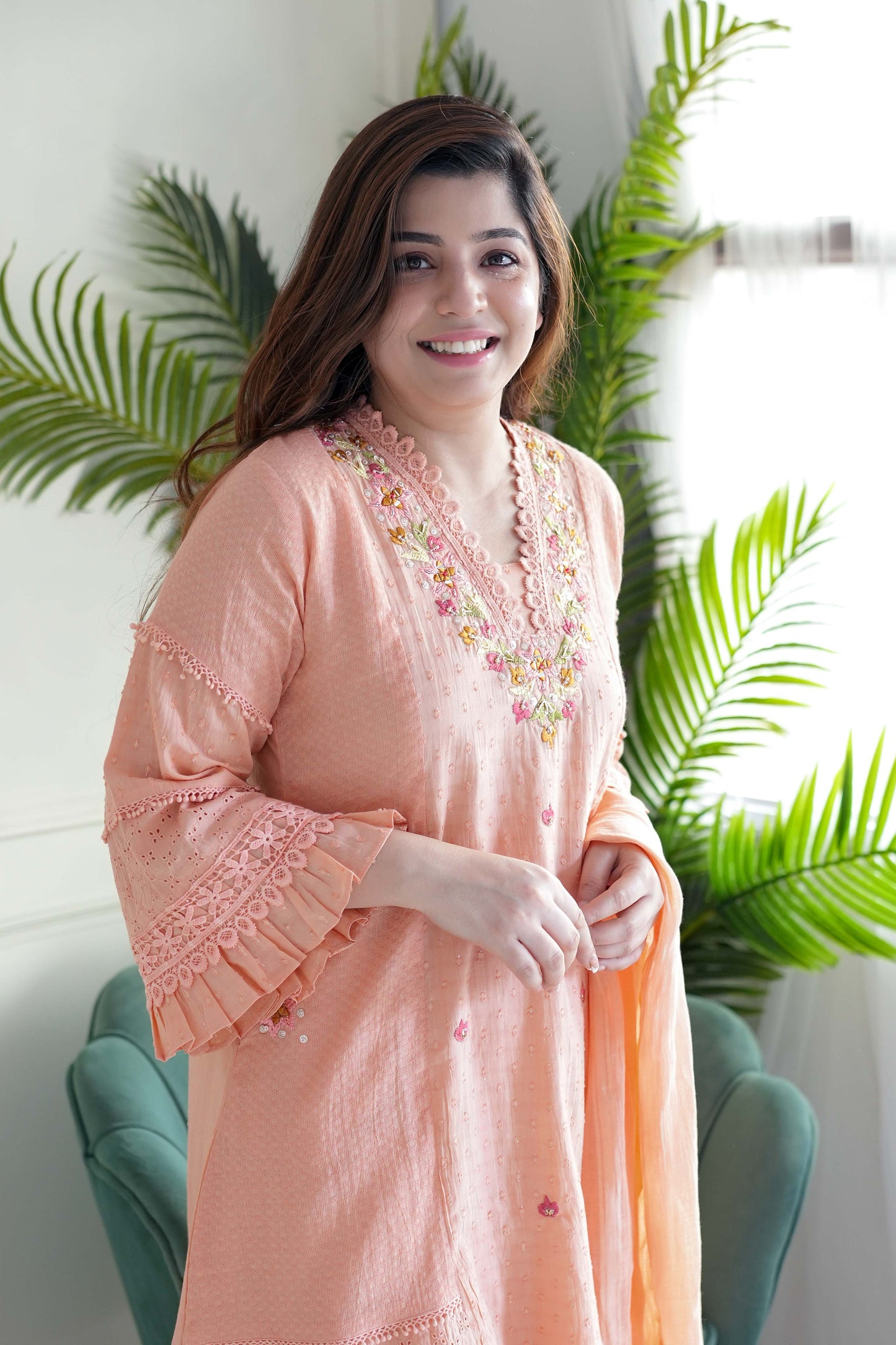 Neemat Peach Embroidered Plazo Set