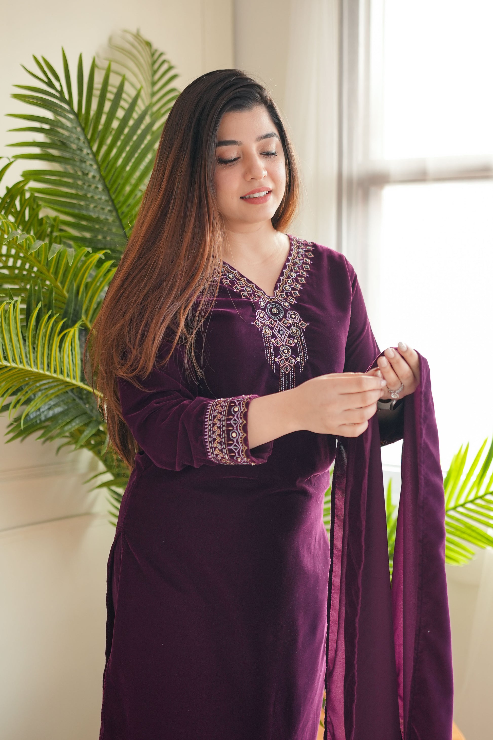 Neemra Wine Velvet Suit Set