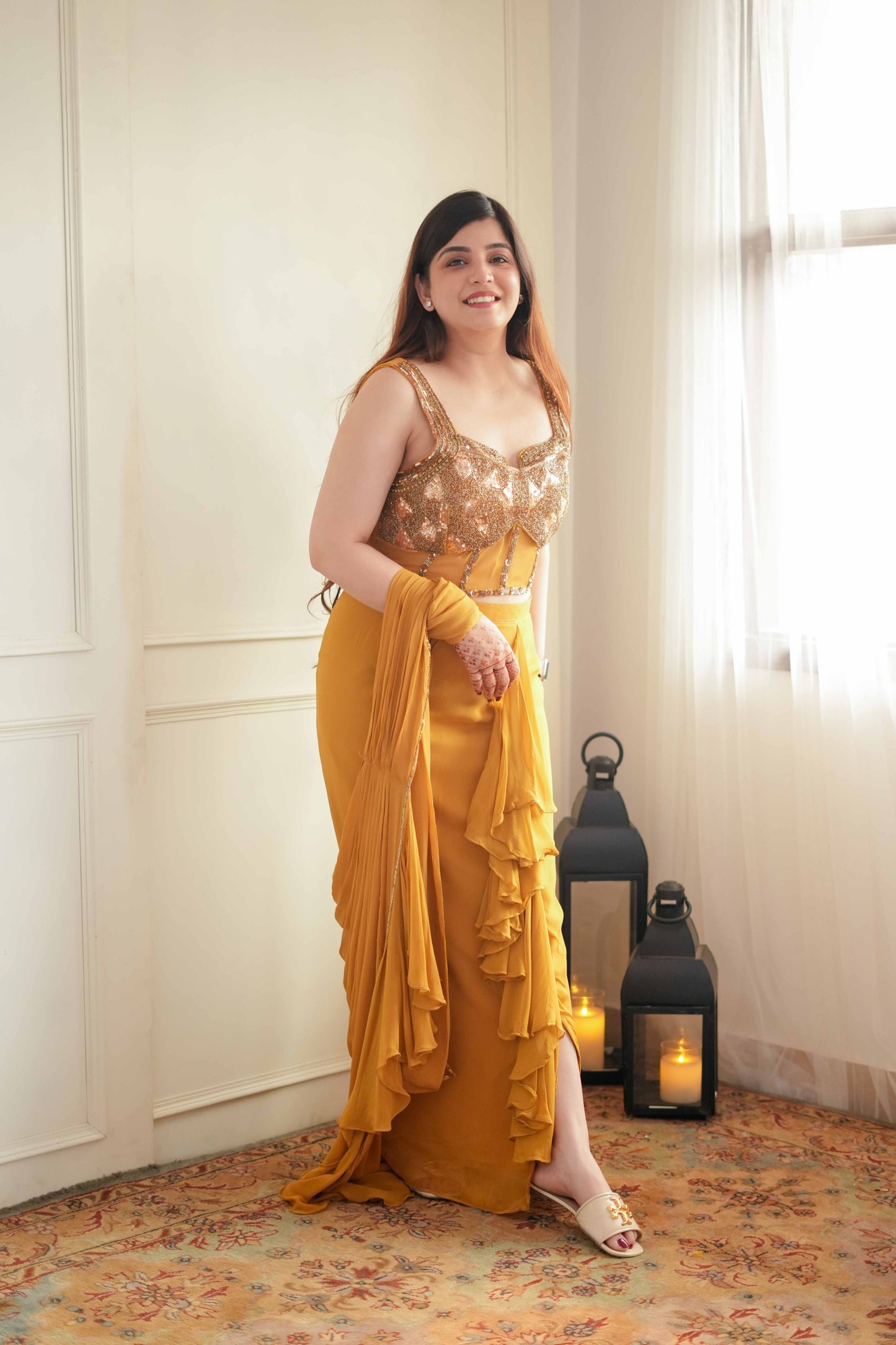 Gazal Mustard Drape Saree Side Slit