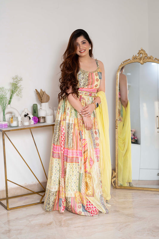 Heer Yellow Printed Strap Maxi With Belt amd Dupatta