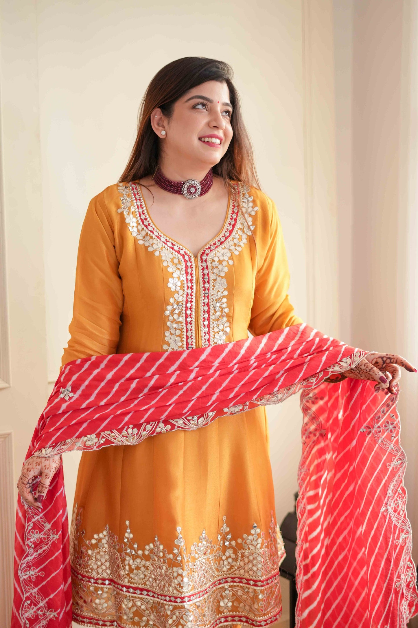 Seher Yellow Short Anarkali With Lehriya Dupatta.