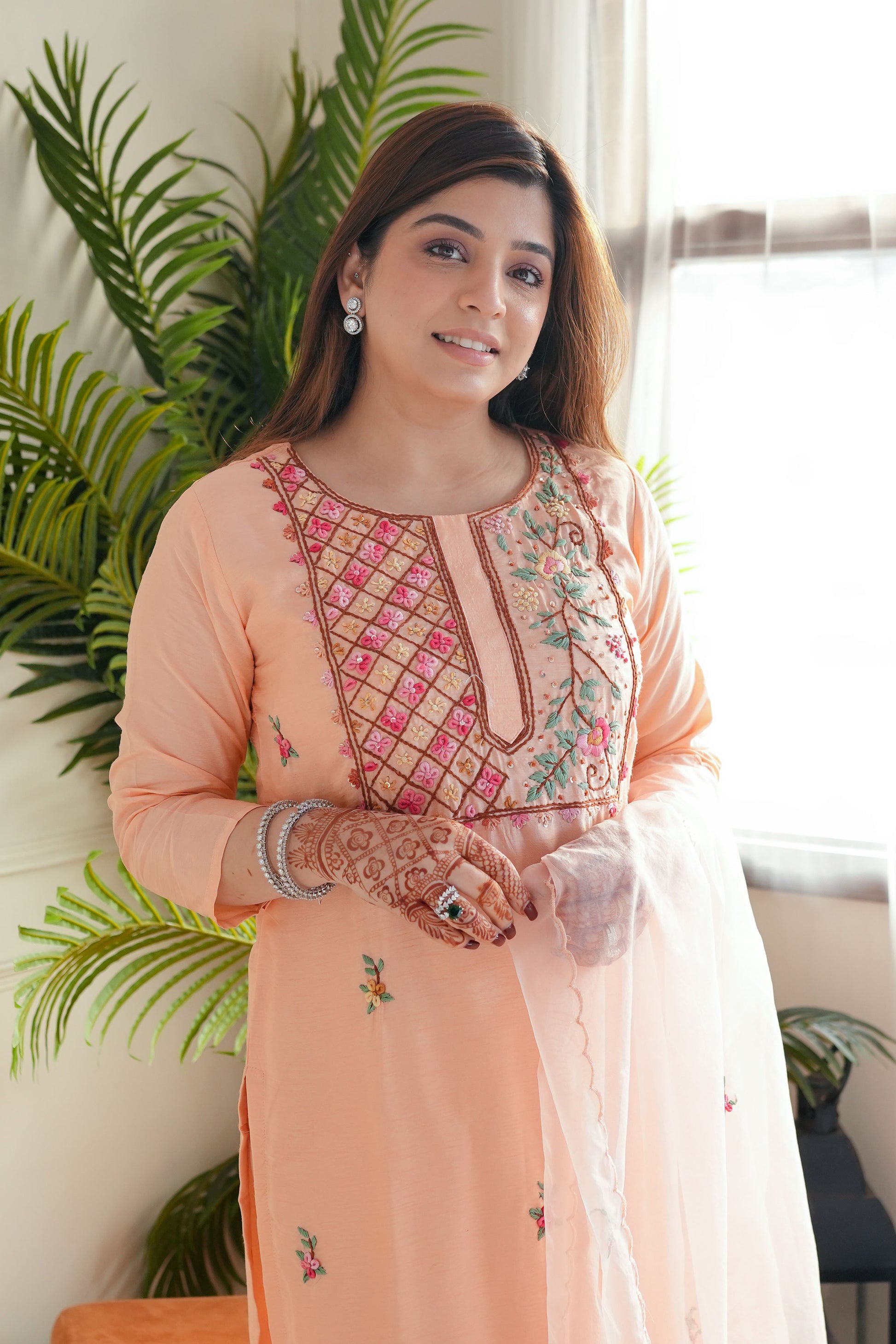 Neeya Peach Hand Embroidered Suit Set