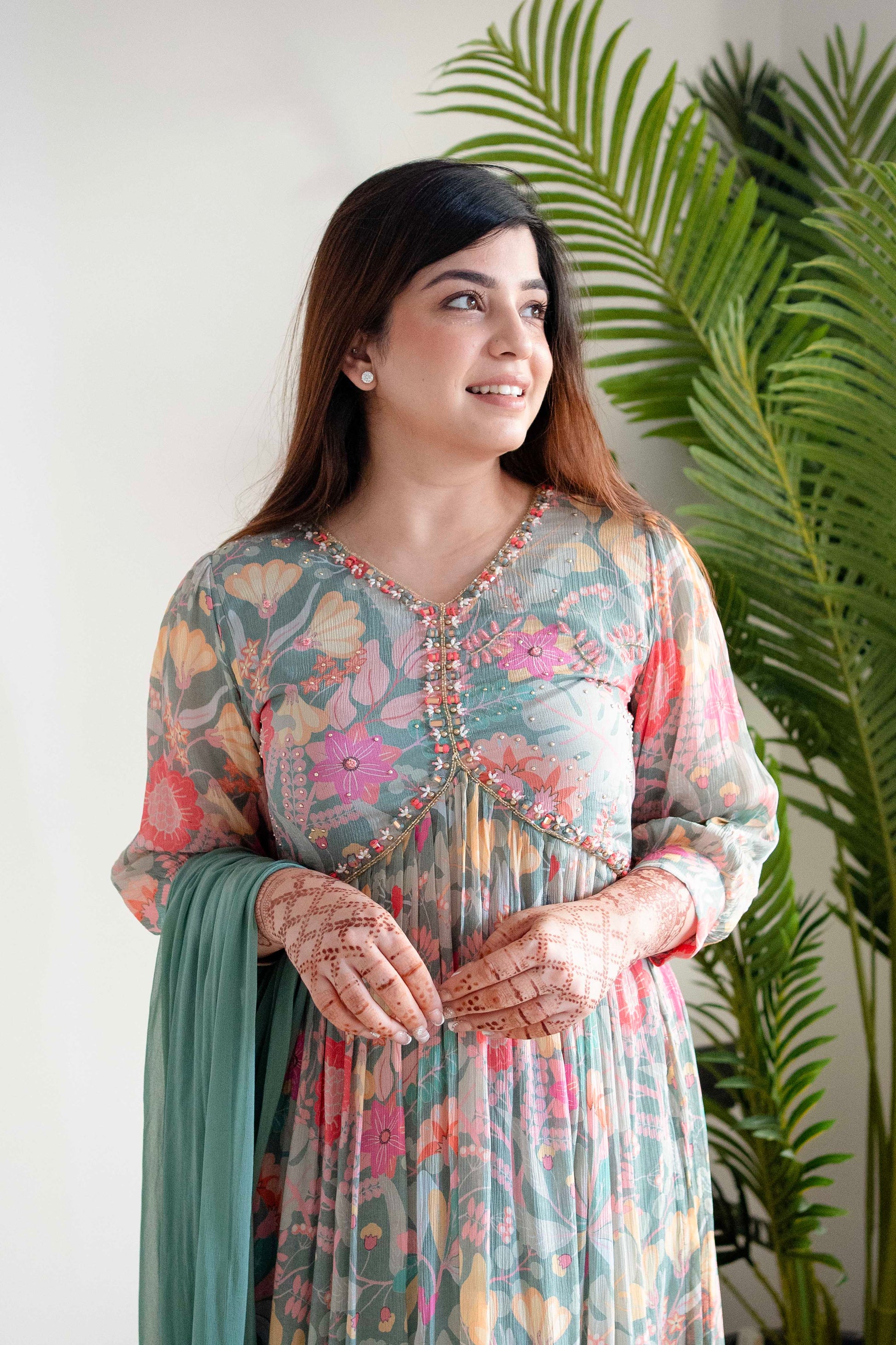 Mehera Green Floral Naira Cut Suit Set