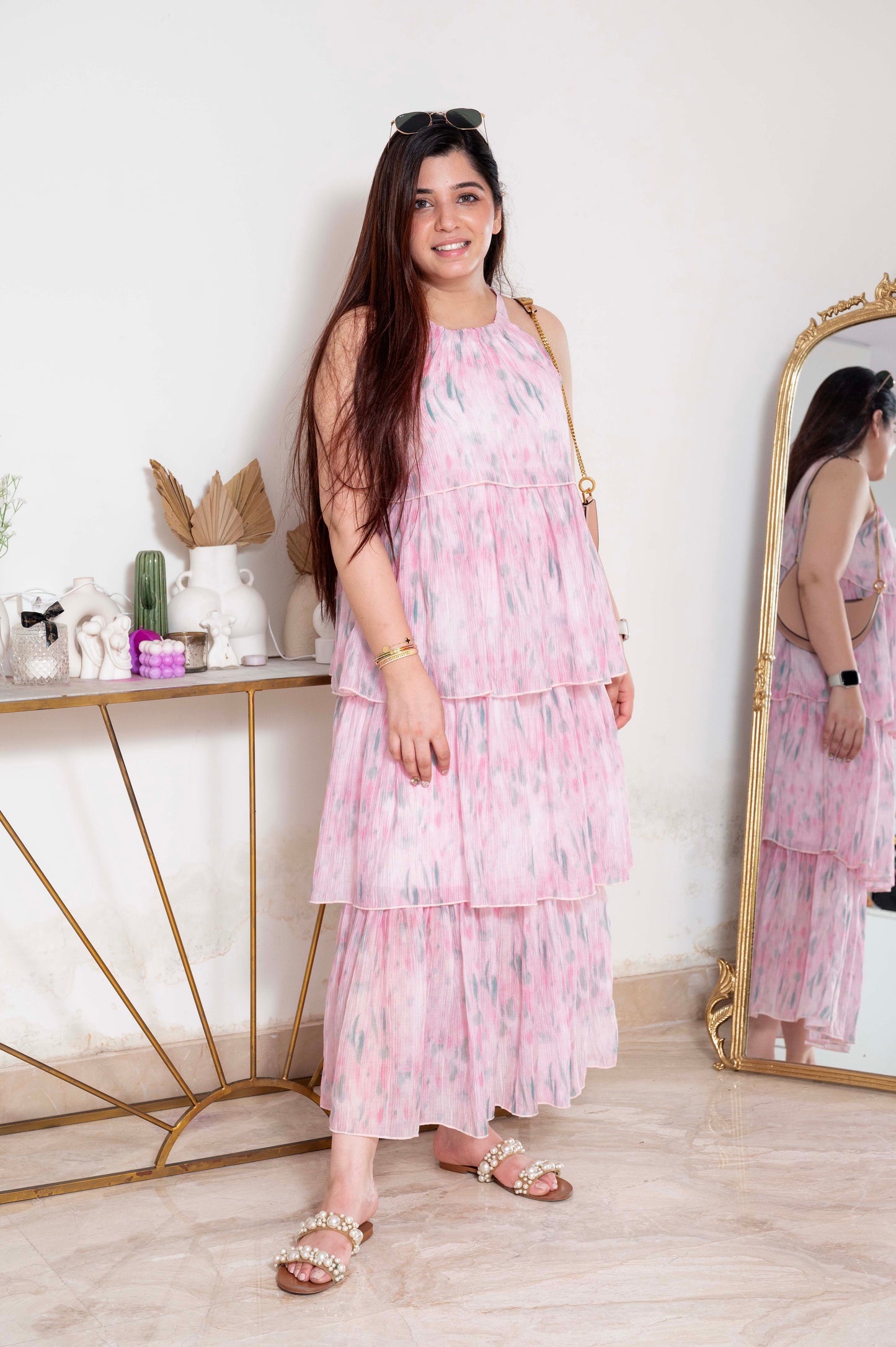 Lebua Pink Printed Frill Maxi