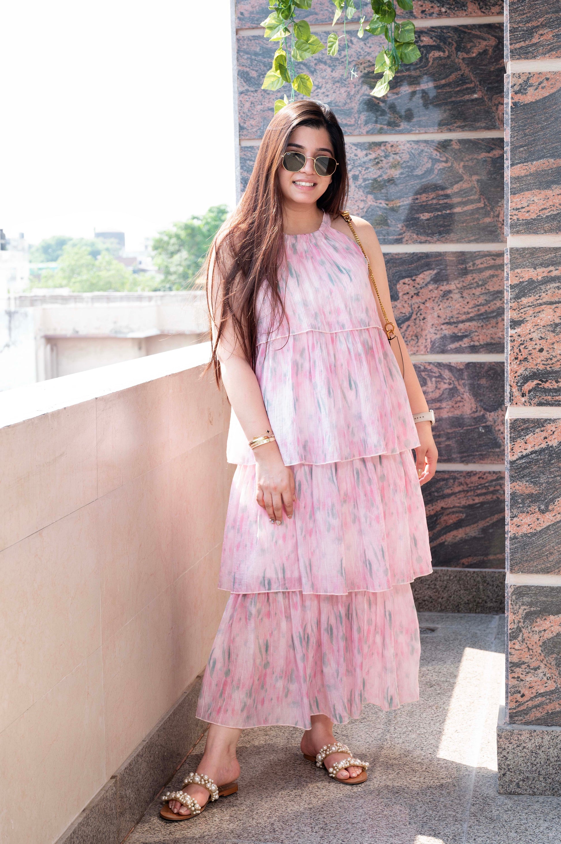 Lebua Pink Printed Frill Maxi