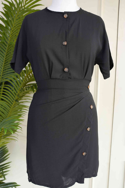 Black Front Buttoned Wrap Dress