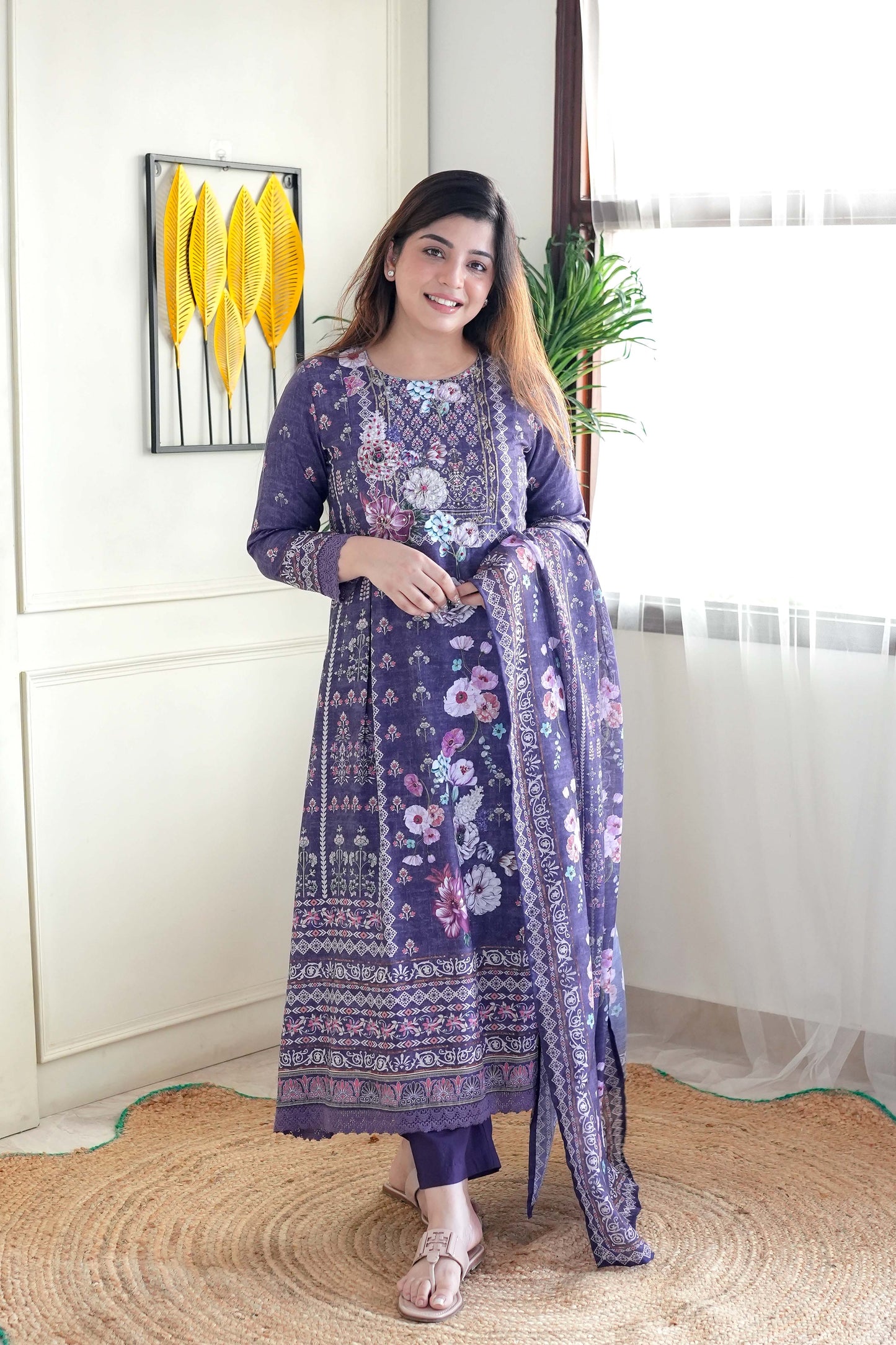 Ifat Purple Printed A-line Suit Set