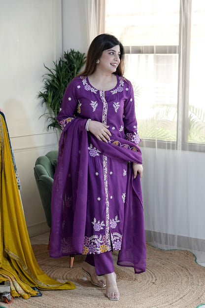 Mreeyal Purple Thread Embroidered A line Suit Set