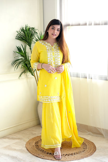 Safia Yellow Gotta Embroidered Sharara Set