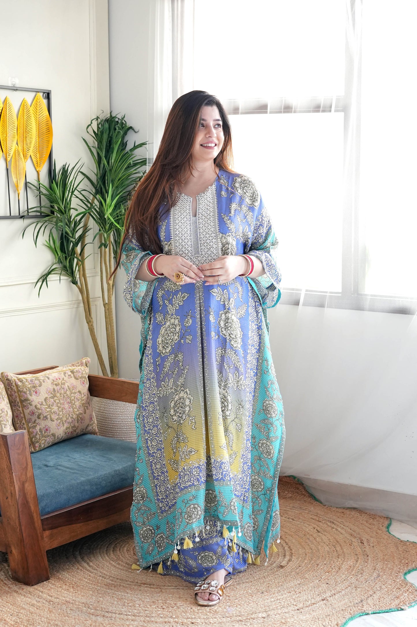 Sehrat Blue Ombre Printed Kaftan Set with Neck Embroidery