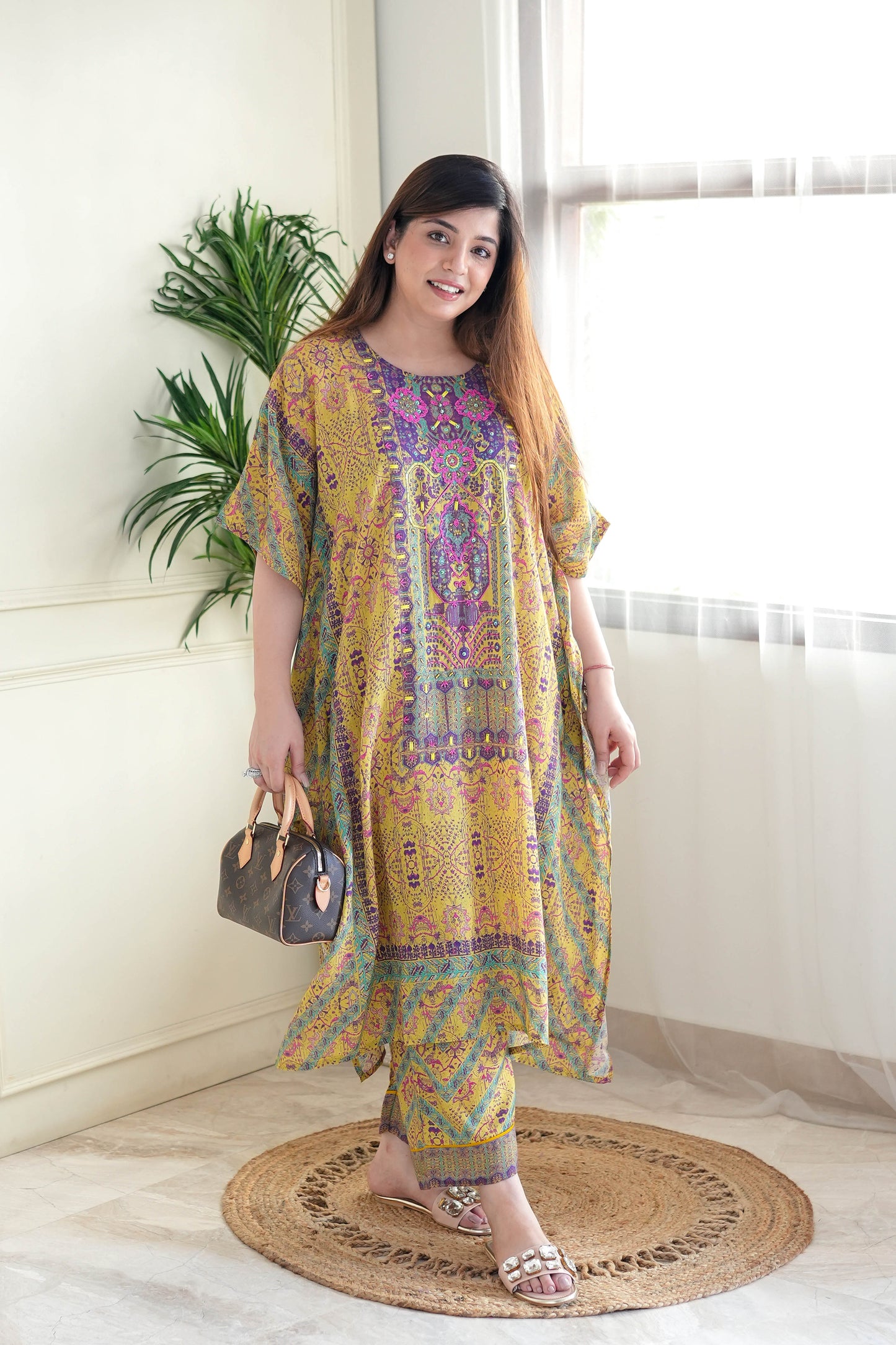 Rehem Printed Kaftan Set with Neck Embroidery