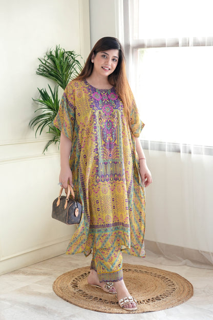 Rehem Printed Kaftan Set with Neck Embroidery